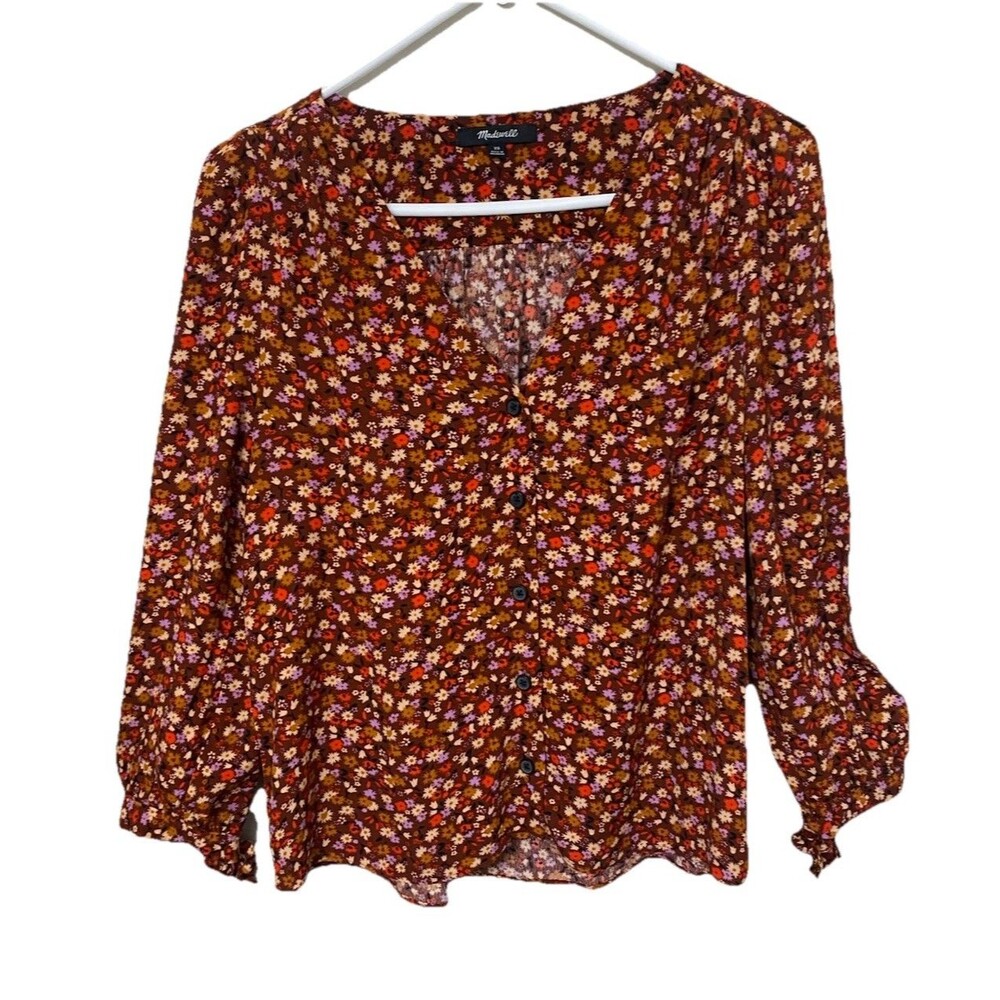Madewell  Women XS Brown Floral V Neck Long Sleeve Top Feminine Cottagecore